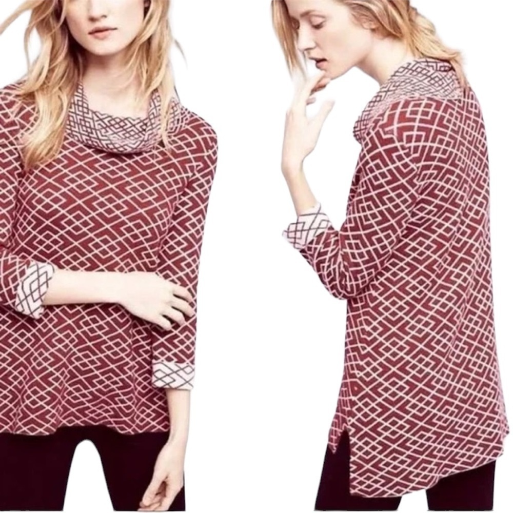 ANTHROPOLOGIE-MOTH Cowl Neck Sweater Aztec Print Alpaca Mix Soft Sweater